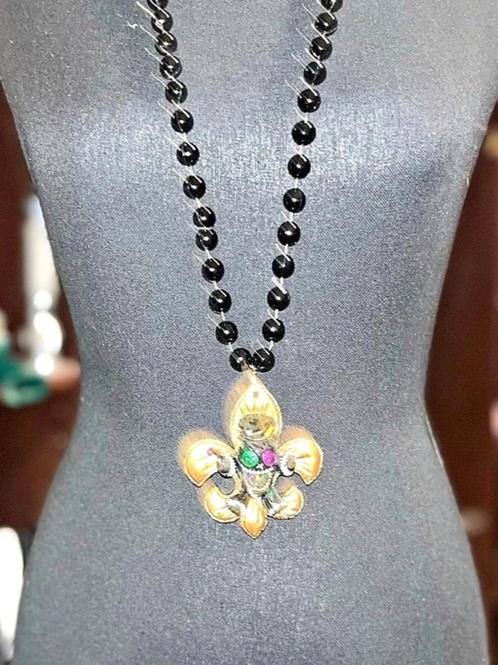 Mardi Gras Black & Gold Beaded Necklace fleur-de-lis style
